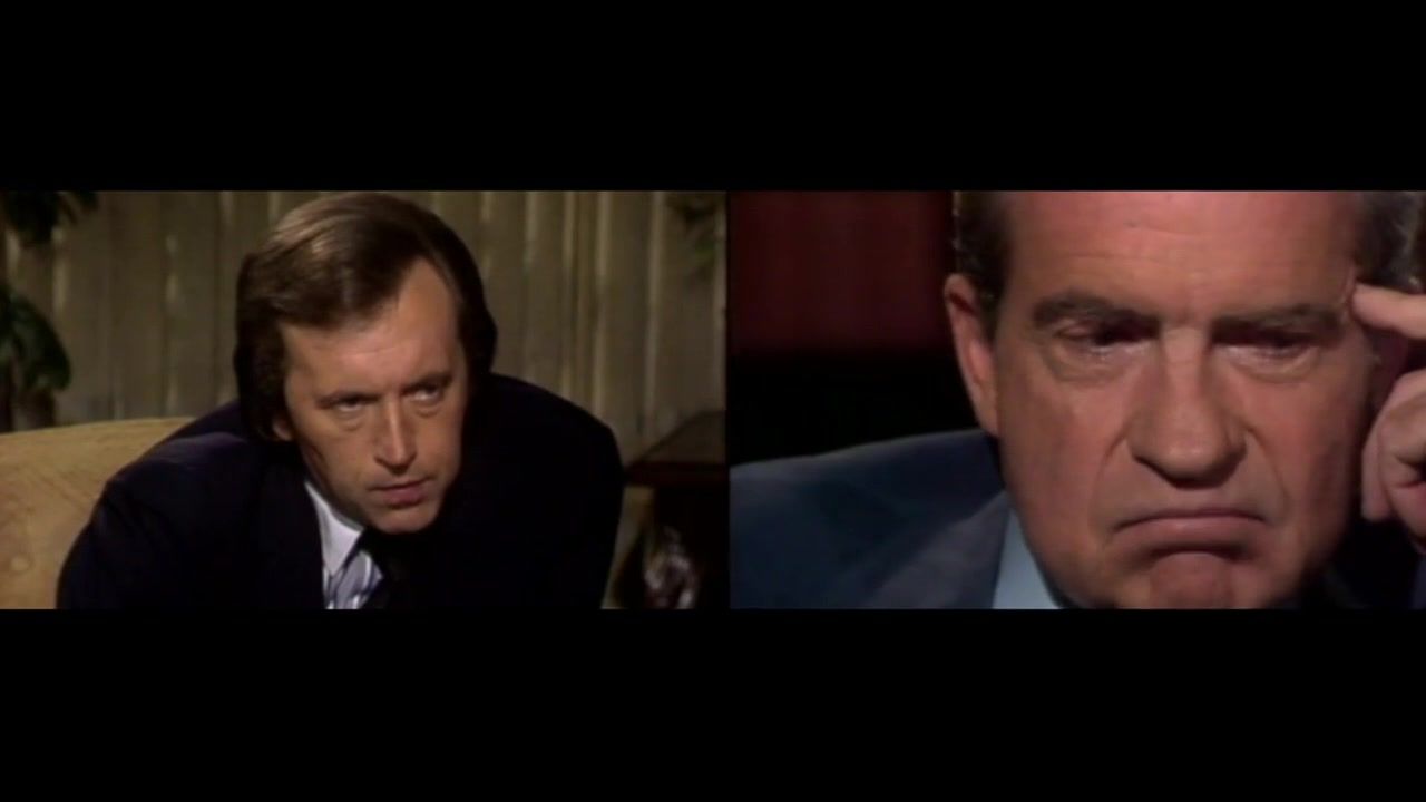 Still from The Problem with Admitting Things: Frost and Nixon side by side