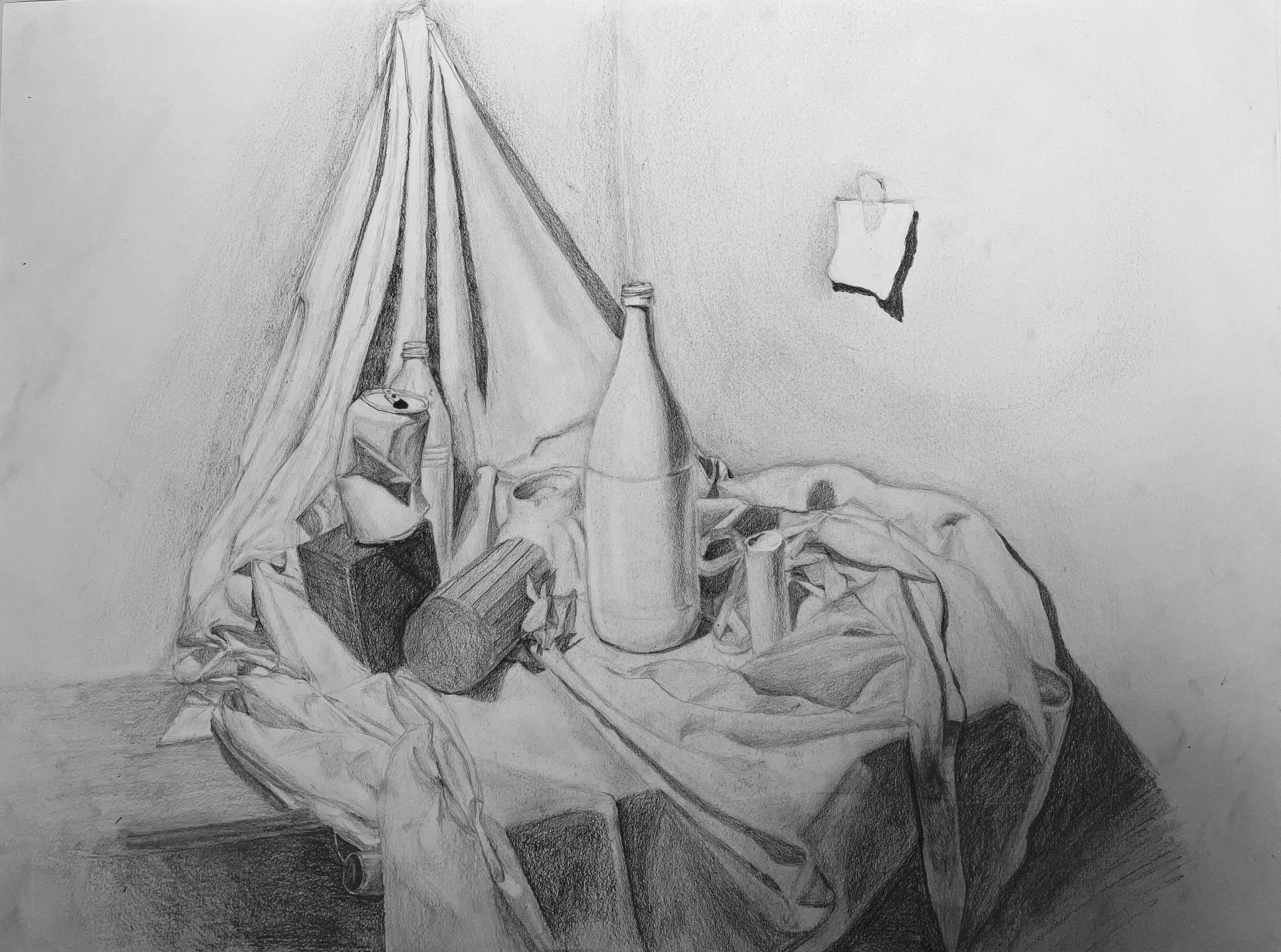 Closet Still Life: Kyle’s graphite drawing of a still life he built in his closet