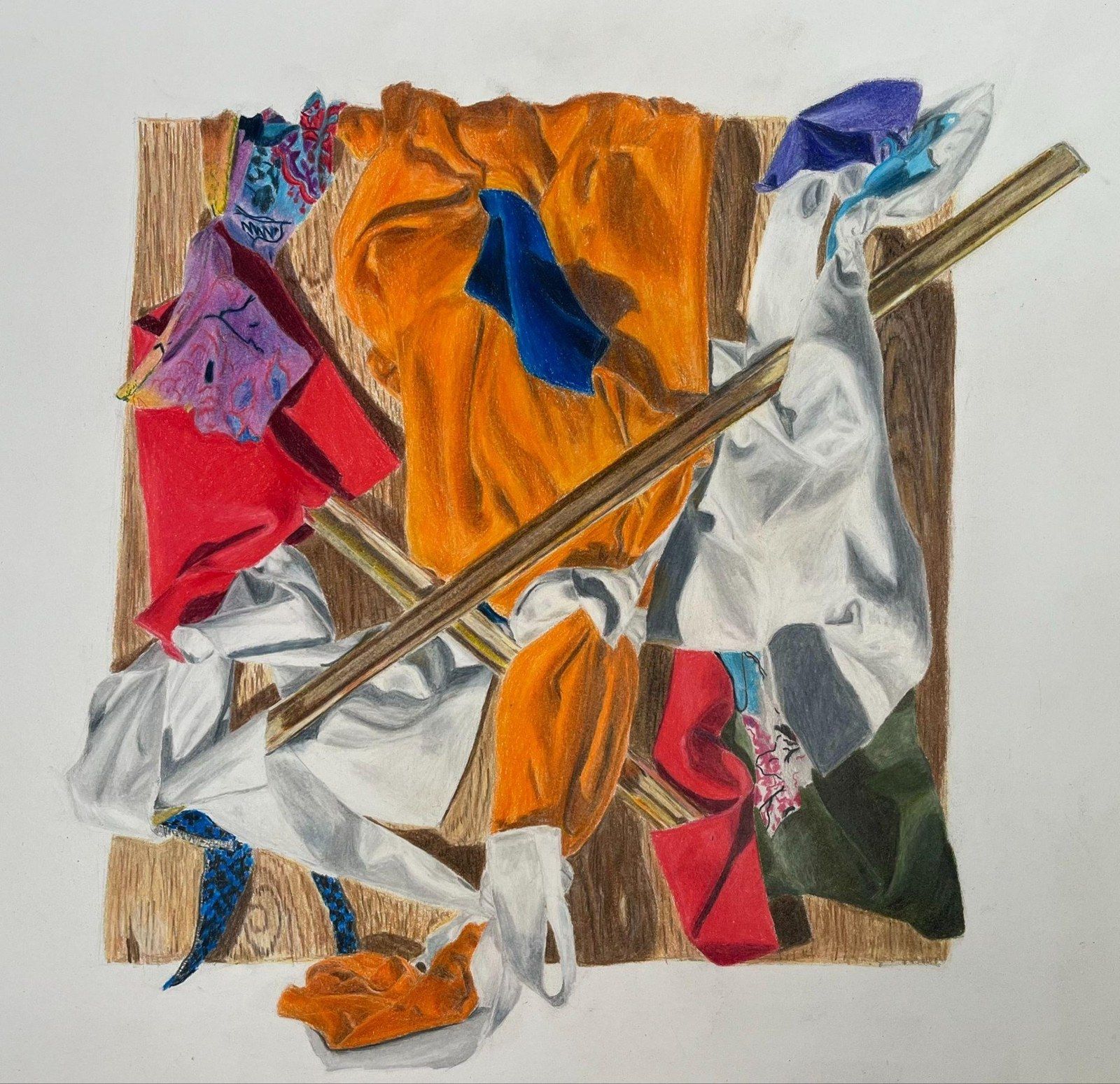 Constructed Textiles: a colored-pencil drawing of fabrics and wooden rods, by Kyle